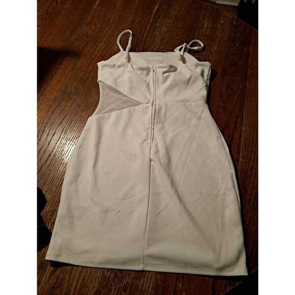 Women's Large Off-White Adjustable Strap Rear Zip Mesh Bodycon Sexy Mini Dress - Picture 3 of 3